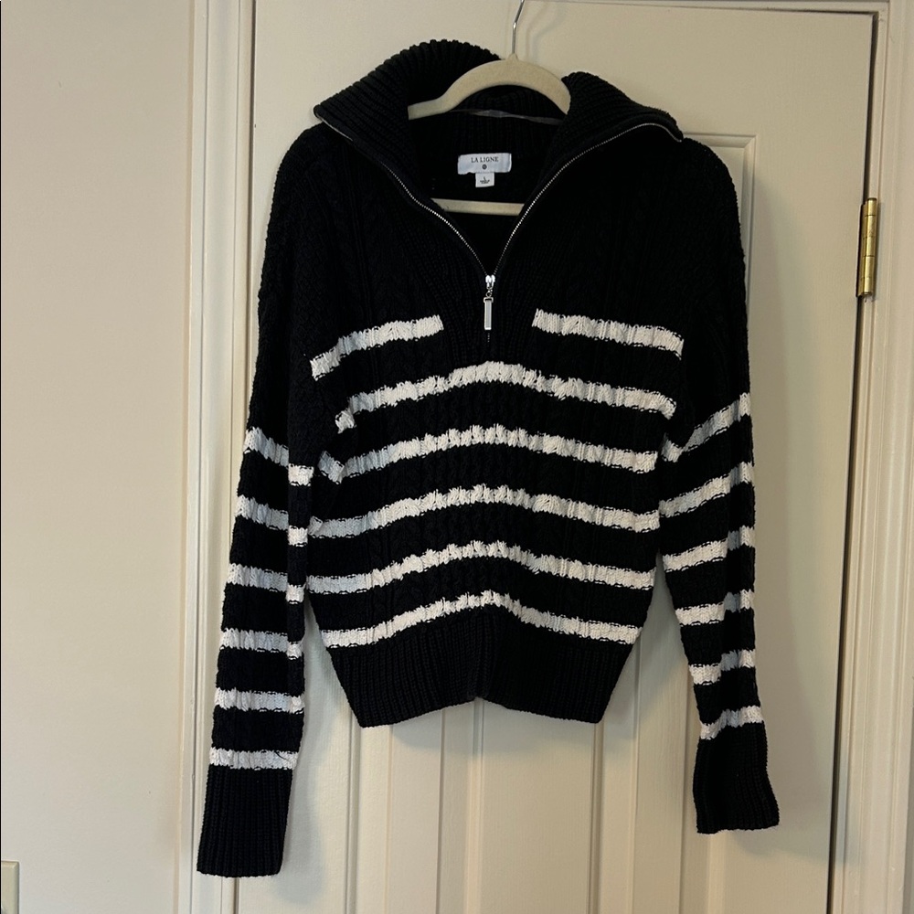 La Ligne Black & White Striped Half-Zip Turtleneck Sweater